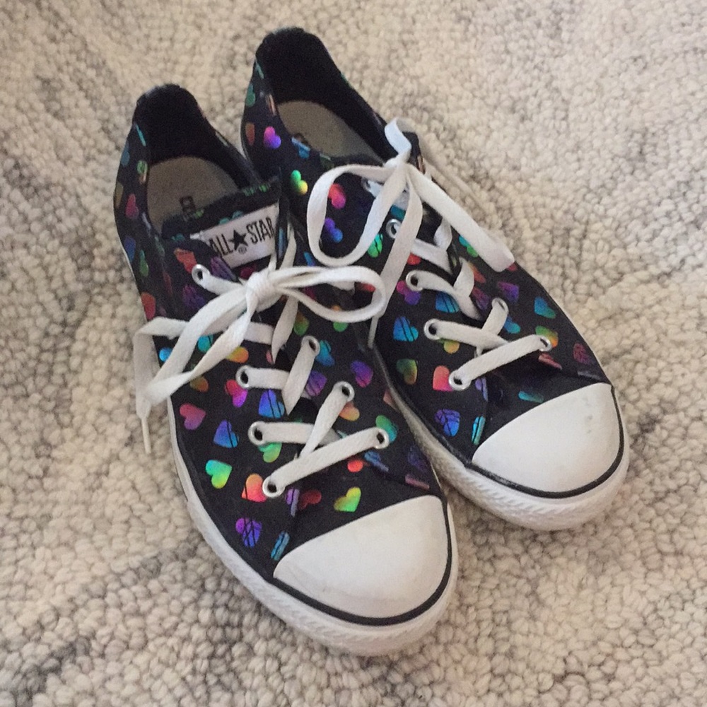 “Lisa Frank” style converse gold rainbow hearts